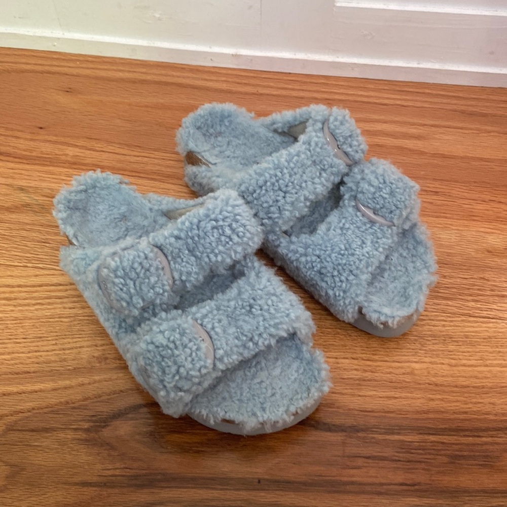 Birkenstock Papillio Arizona Shearling Slide Sandal Blue Size 37